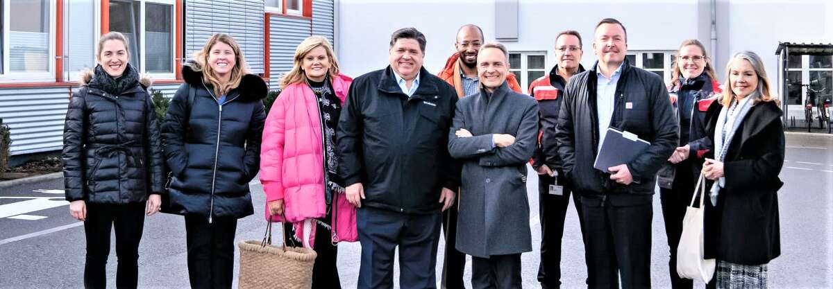 Gov. J.P. Pritzker on Tuesday joined members of Wieland Group for a photo. From left are Adriana Williams, vice president of marketing & communications Wieland Group; Anne Caprara, Pritzker’s chief of staff; first lady M.K. Pritzker; Gov. J.B. Pritzker; Deputy Gov. Christian Mitchell; Wieland Group CEO Dr. Erwin Mayr; Olaf Görtges, president of the business unit Rolled Products Wieland Group); Deputy Gov. Andy Manar and Dr. Bettina Schmitz.