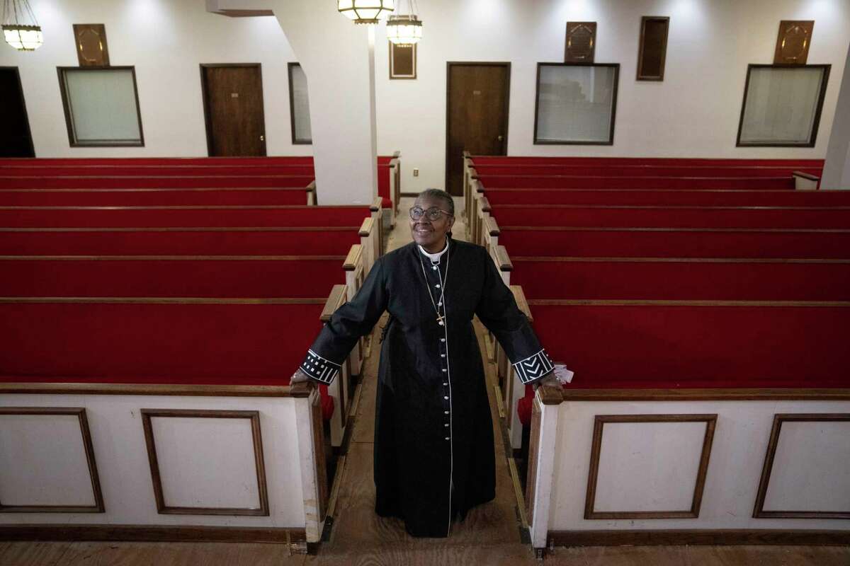 Rev. Monica Marshall stands for a portrait at the Varick Memorial AME Zion Church, Thursday, Jan. 19, 2023, in the Brooklyn borough of New York. On Friday, a fund established to preserve historic Black churches in the United States formally revealed the first 35 houses of worship that will receive financial grants totaling $4 million.