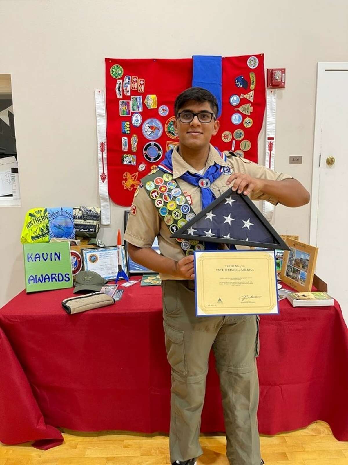 At the ceremony, Kavin received flag commemorating his Eagle award that had flown over the U.S. Capitol. The flag was given by U.S. Rep. Troy Nehls.
