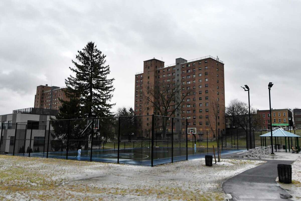 Lincoln Square Homes towers 1, left, and 3, right, looking toward Morton Ave. on Friday, Jan. 20, 2023, in Albany, N.Y.