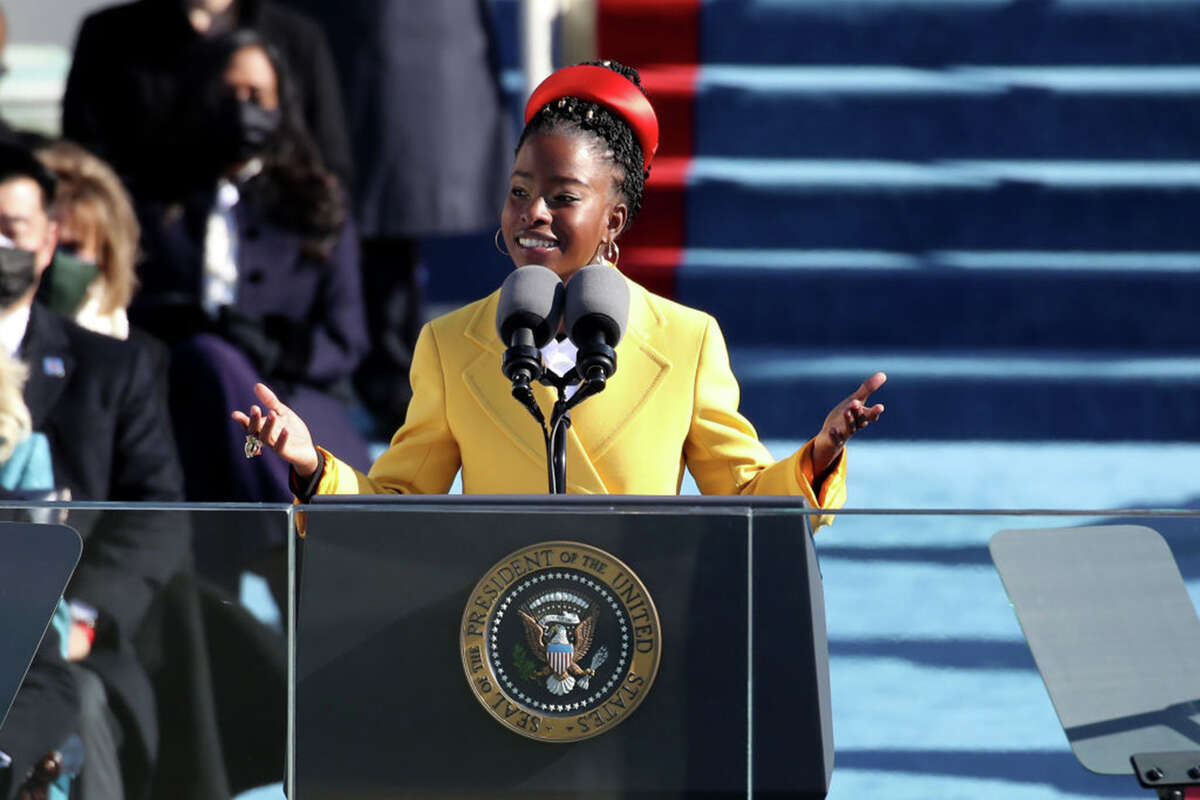 Poetry has always been intertwined with politics, writes Derek Mong. Pictured is Amanda Gorman, the youngest inaugural poet in U.S. history, reading her poem “The Hill We Climb” at the 2021 inauguration of President Joe Biden.