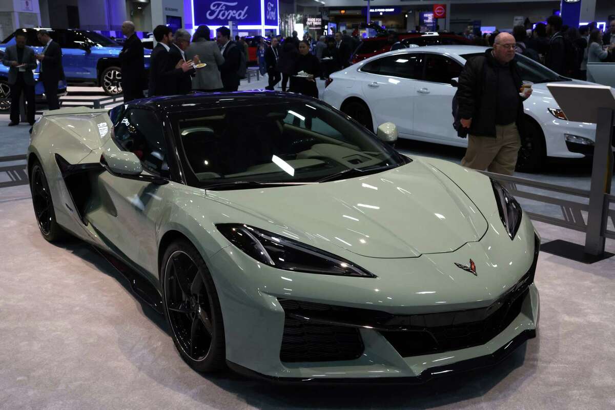 The first-ever Chevrolet Corvertte E-Ray, a hybrid sports car, is on display during a preview at the Washington, D.C. Auto Show at Walter E. Washington Convention Center.