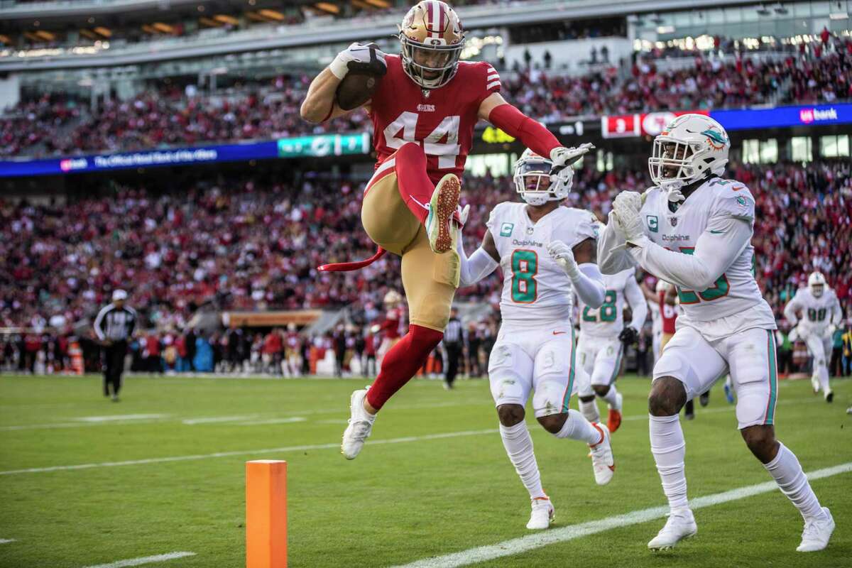 San Francisco fullback Kyle Juszczyk (44) leaps for a touchdown during the 49ers win against the Dolphins at Levi’s Stadium in December.