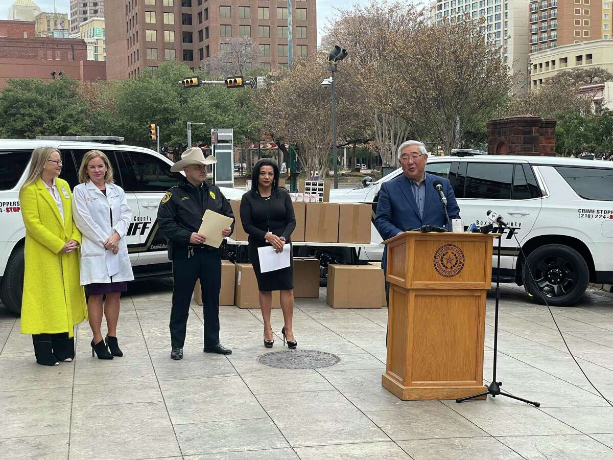 Bexar County Judge Peter Sakai, Sheriff Javier Salazar, and Preventative Health Director Andrea Guerrero-Guajardo discuss the purchase of nearly 2,000 doses of Narcan, at a news conference Friday, Jan. 1, 2023 outside the Bexar County Courthouse.