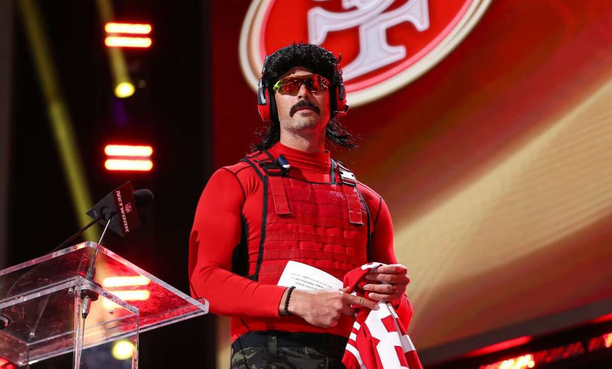 Streamer Guy "Dr Disrespect" Beahm announces the 49ers' third-round pick during the 2022 NFL draft.