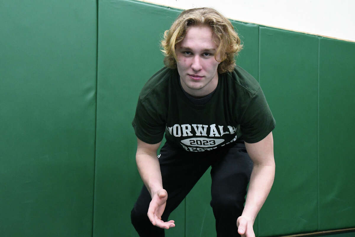 Norwalk's Ryan Gilchrist poses for a photo during wrestling practice at Norwalk High School, Norwalk on Thursday, Jan. 19, 2023.