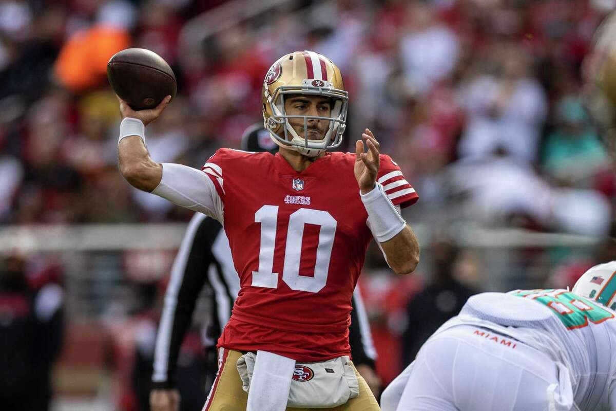 San Francisco 49ers quarterback Jimmy Garoppolo (10) is seen during the first half of a NFL football game against Miami Dolphins in Santa Clara, Calif., Sunday, Dec. 4, 2022.