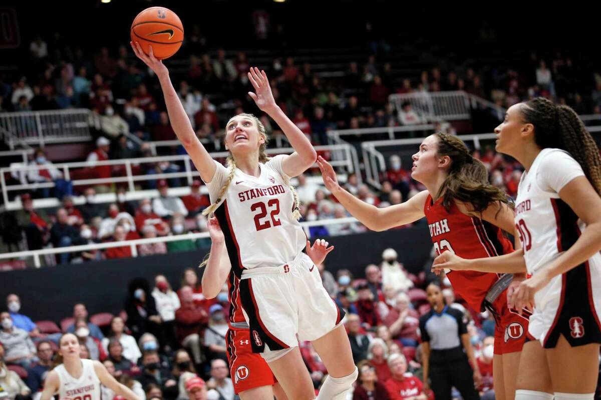Stanford Cardinal forward Cameron Brink (22) scores against the Utah Utes in the second quarter an NCAA women’s basketball game at Maples Pavilion in Stanford, Calif., Friday, Jan. 20, 2023.
