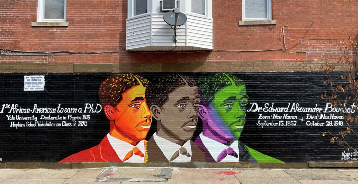 New Haven artist Kwadwo Adae painted this mural of Bouchet on the side of a building on New Haven’s Henry Street.