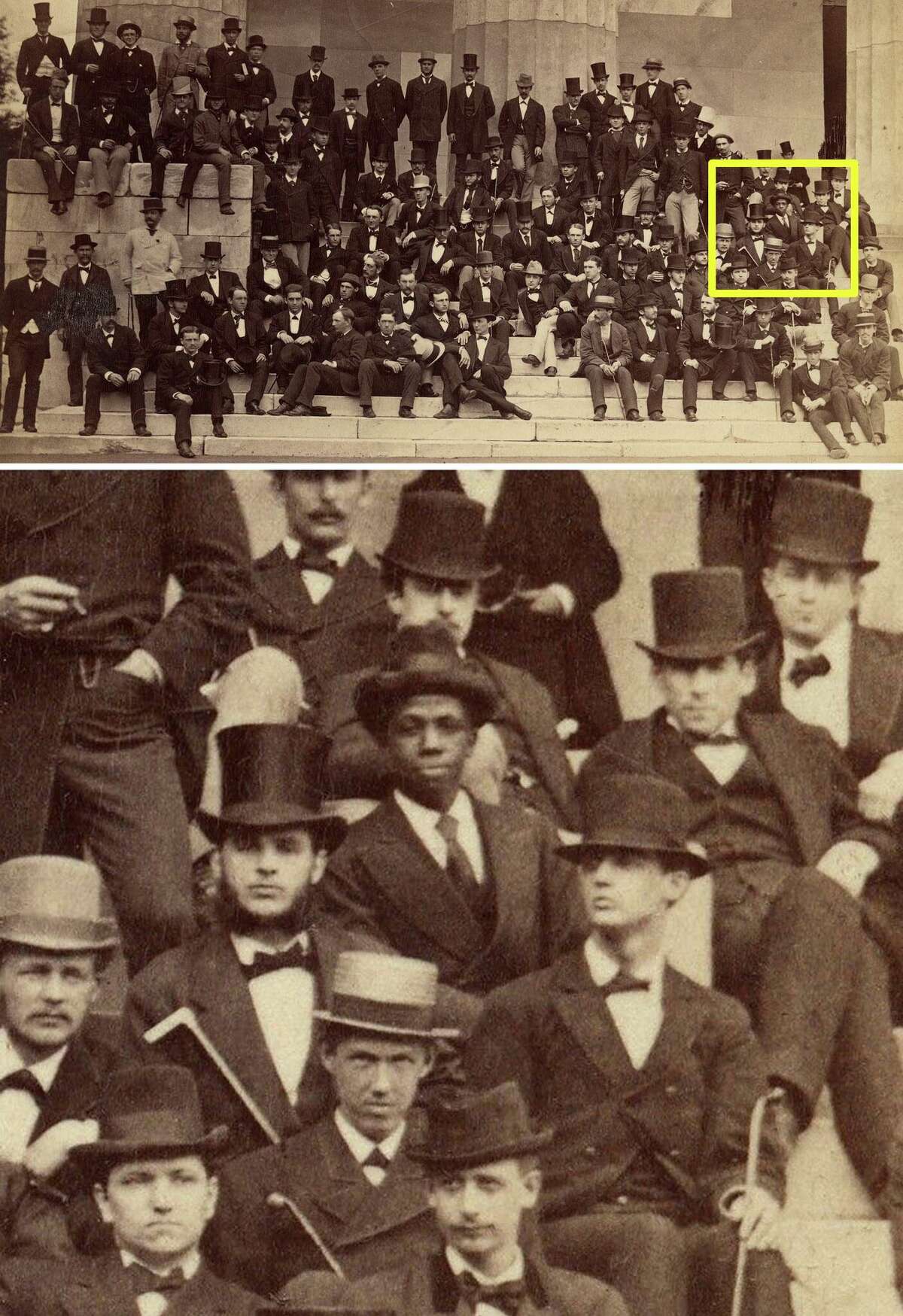 Yale College’s class of 1874 poses for its class picture. Edward Bouchet is on the far right of the photo (shown in detail at bottom).