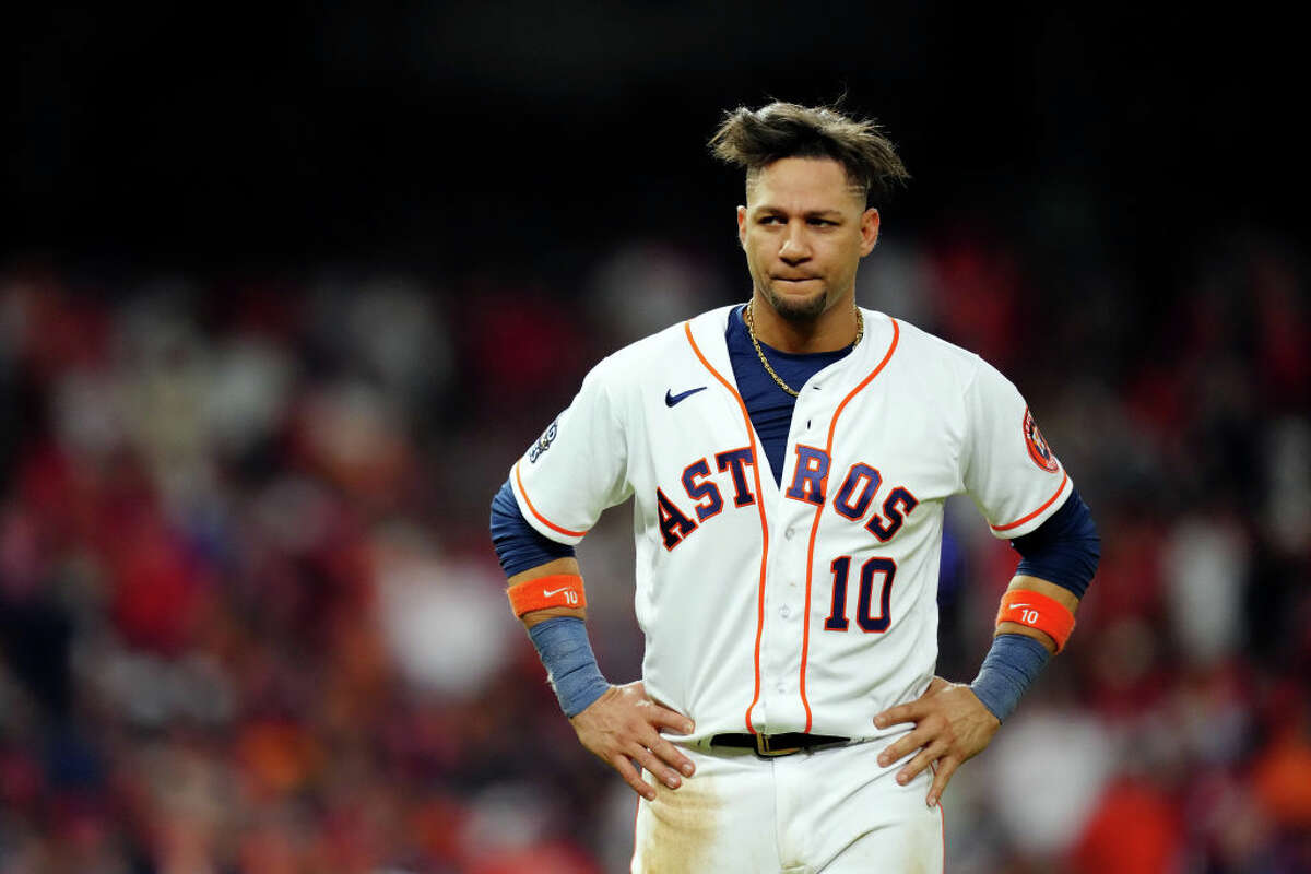 Yuli Gurriel #10 of the Houston Astros looks on during Game 1 of the 2022 World Series between the Philadelphia Phillies and the Houston Astros at Minute Maid Park on Friday, October 28, 2022 in Houston.