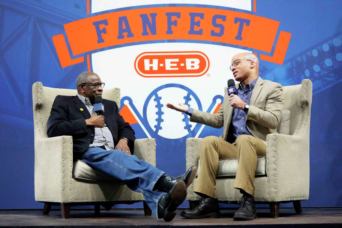 Houston Astros manager Dusty Baker Jr. talks with radio broadcaster Robert Ford during the Astros FanFest at Minute Maid Park on Saturday, Jan. 21, 2023 in Houston.