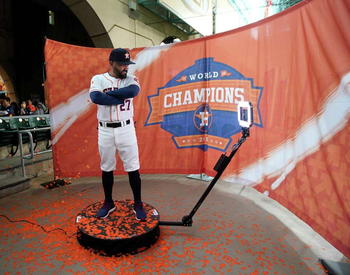 Jose Gamboa, a dead ringer for Houston Astros second baseman Jose Altuve gets his video photo taken during the Astros FanFest at Minute Maid Park on Saturday, Jan. 21, 2023 in Houston.