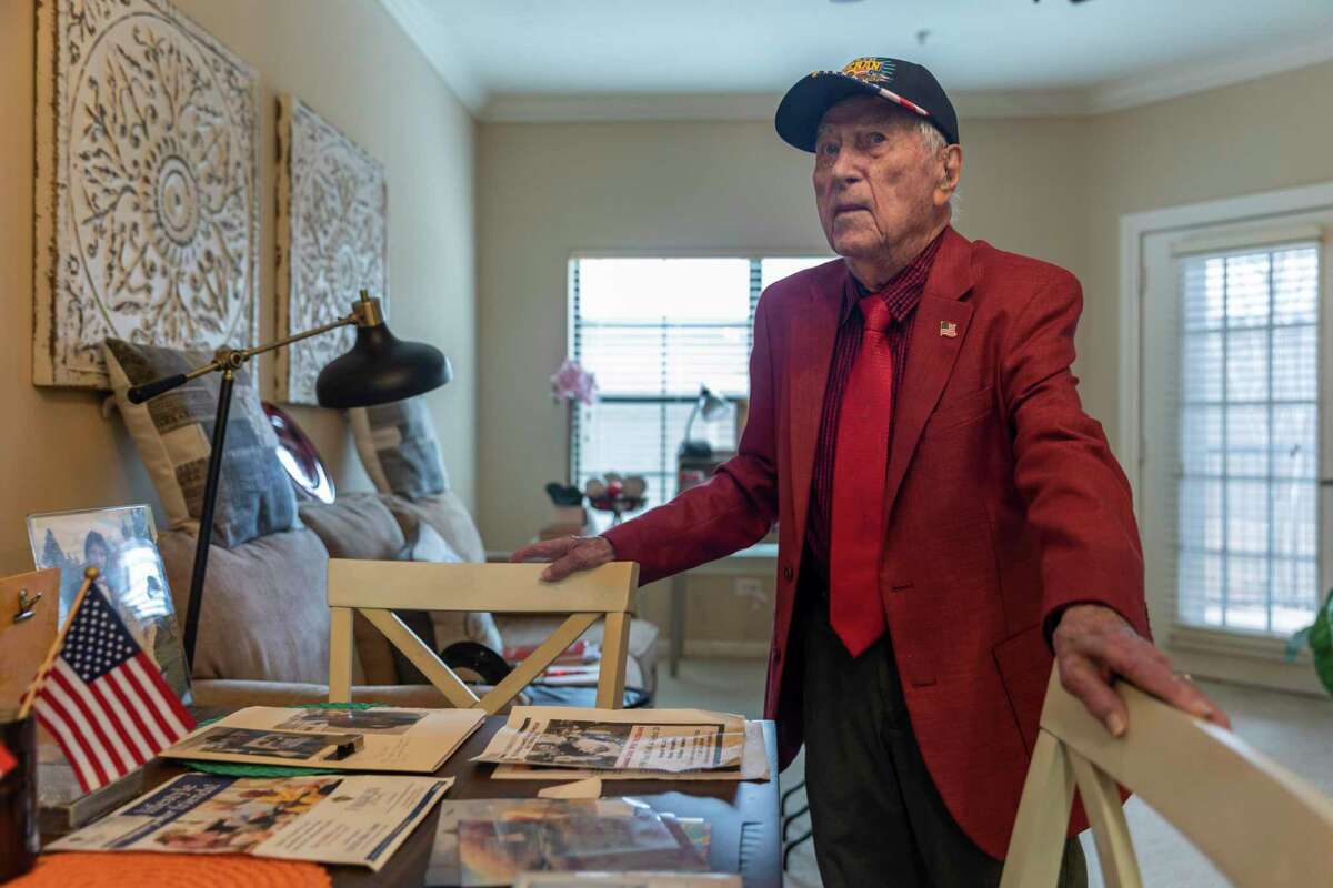 Army Staff Sgt. Bennett Stampes is pictured in his home in San Antonio on Jan. 12. On an icy, snowy day in December 1944 he was supervising soldiers as they dug foxholes, a far cry from his previous job — working as an aide to a colonel. After helping some of them men dig in, Stampes jumped into his own foxhole and soon enough eyes German tanks as they crested a hill and took dead aim at him.