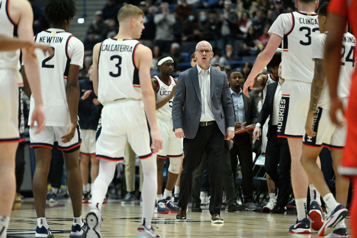 UConn head coach Dan Hurley in the first half of an NCAA college basketball game against St. John's, Sunday, Jan. 15, 2023, in Hartford, Conn. (AP Photo/Jessica Hill)