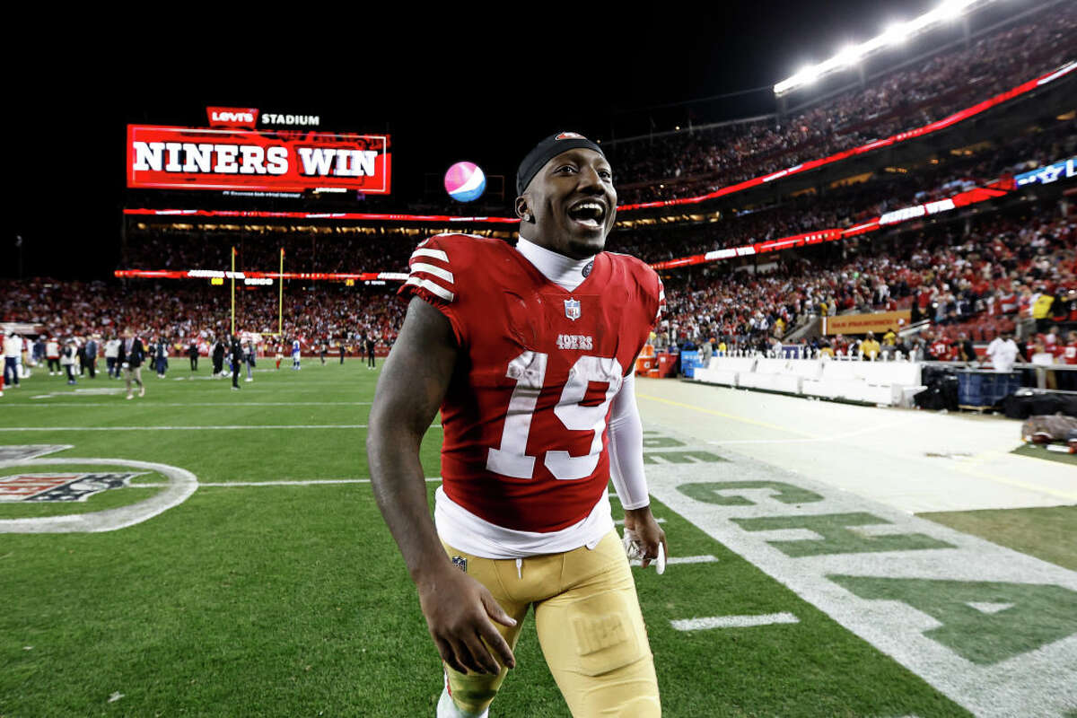 Deebo Samuel of the 49ers celebrates after San Francisco defeated the Dallas Cowboys at Levi's Stadium in Santa Clara, Calif., on Sunday.