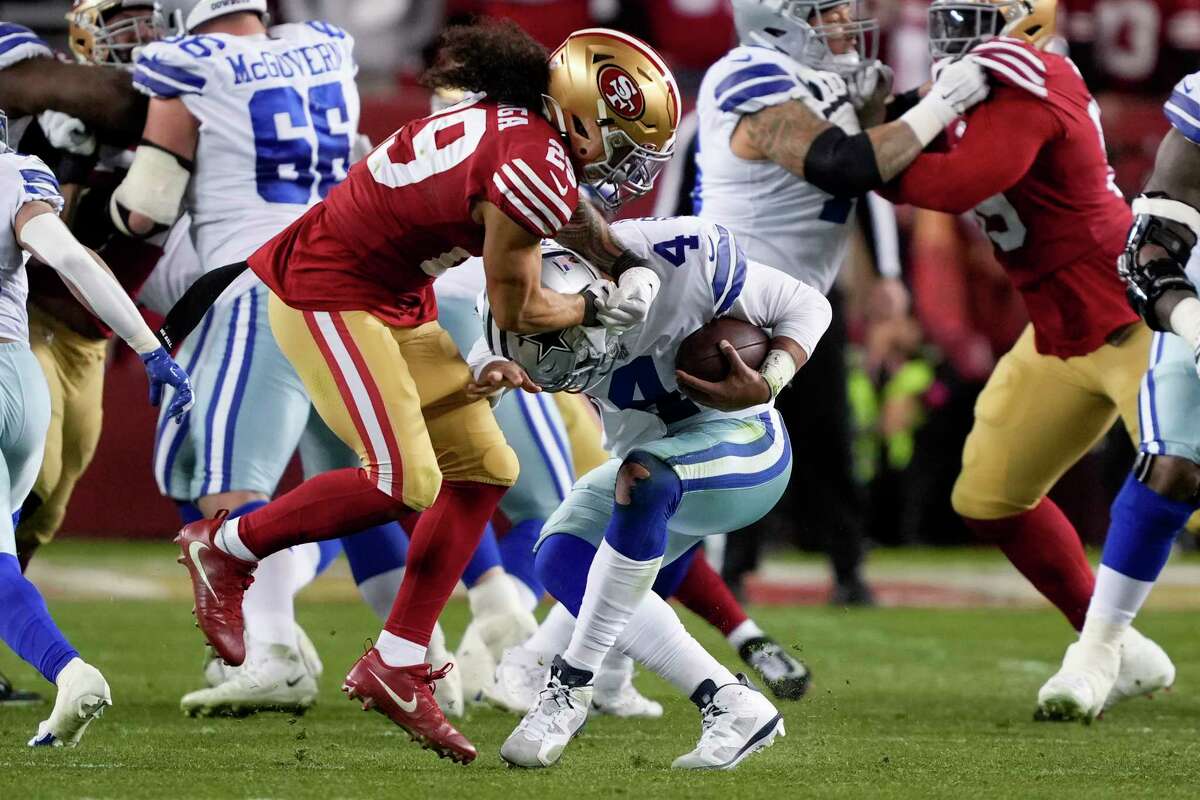 Dallas Cowboys quarterback Dak Prescott (4) is pressured by San Francisco 49ers safety Talanoa Hufanga during the second half of an NFL divisional round playoff football game in Santa Clara, Calif., Sunday, Jan. 22, 2023.