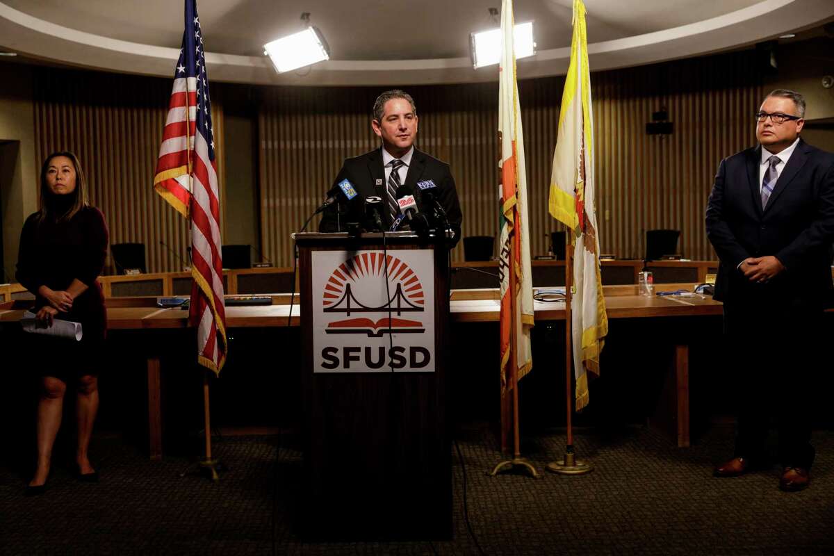 Superintendent Dr. Matt Wayne speaks during press conference at San Francisco Unified School District headquarters.
