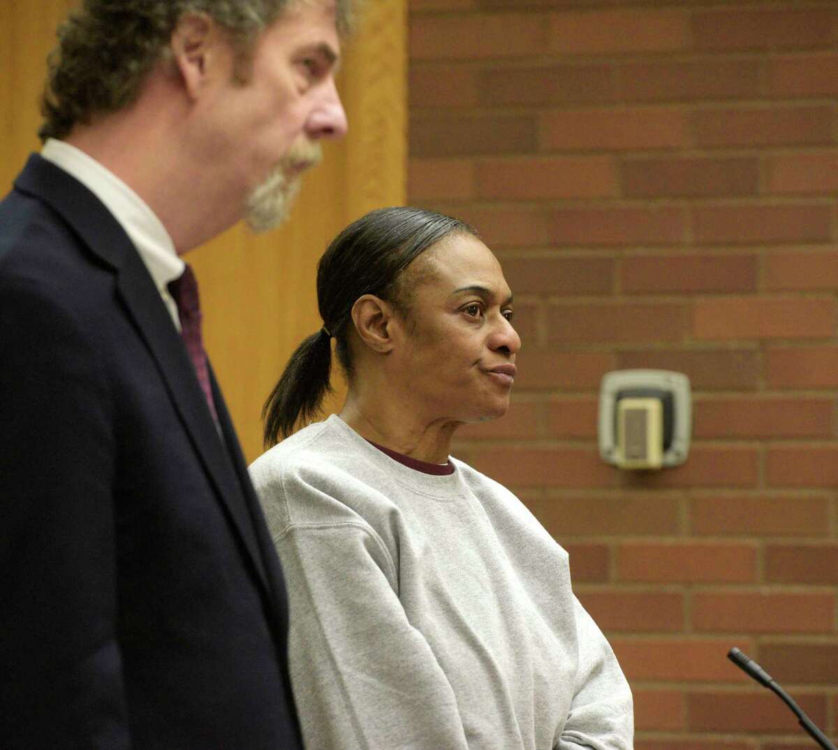 Cora Brandon, right, of Danbury, appears in Superior Court in Danbury with her attorney Jeffrey Hutcoe on Monday, January 23, 2023. Danbury, Conn.