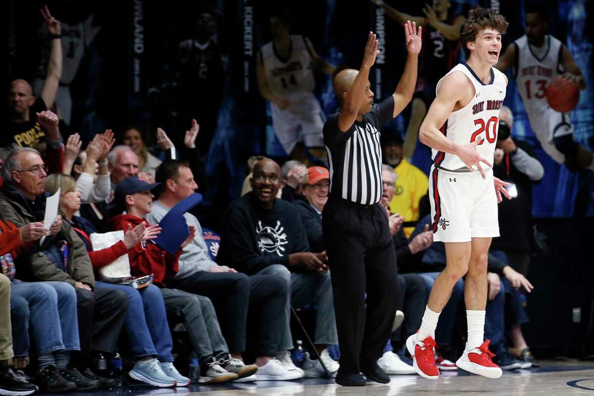 St. Mary's Gaels guard Aidan Mahaney (20) reacts after scoring a three pointer against the Santa Clara Broncos in the second half during a men’s basketball game at University Credit Union Pavilion in Moraga, Calif., Saturday, Jan. 21, 2023.