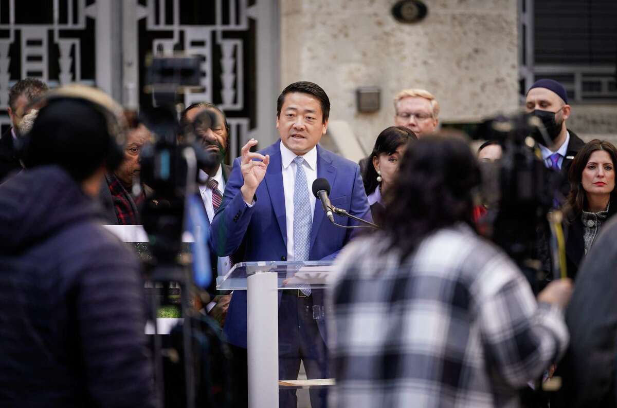 State Rep. Gene Wu denounces SB 147 during a press conference Monday, Jan. 23, 2023, at Houston City Hall in Houston.