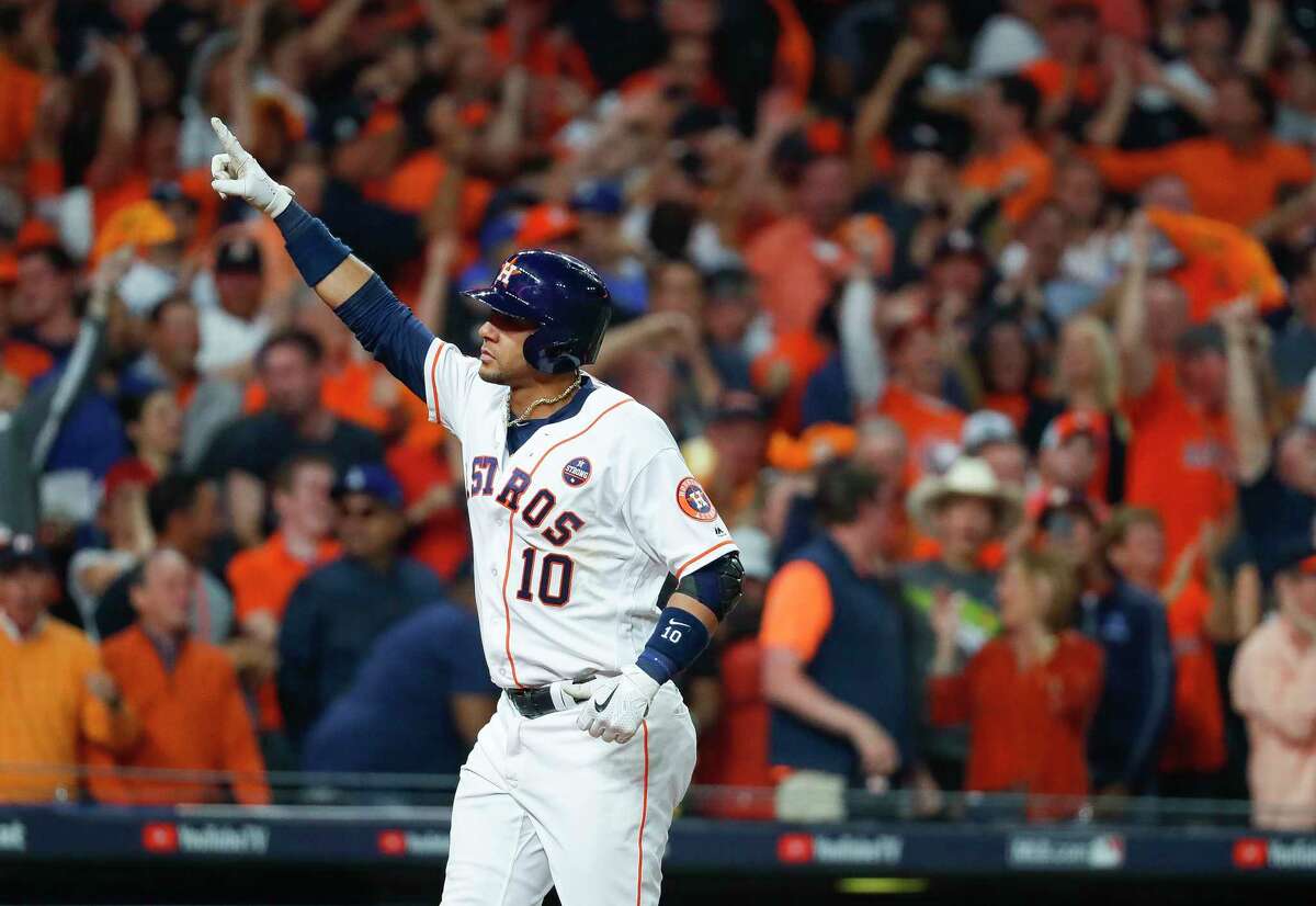 Houston Astros first baseman Yuli Gurriel (10) hits a three-run home run during the fourth inning of Game 5 of the World Series at Minute Maid Park on Sunday, Oct. 29, 2017, in Houston.