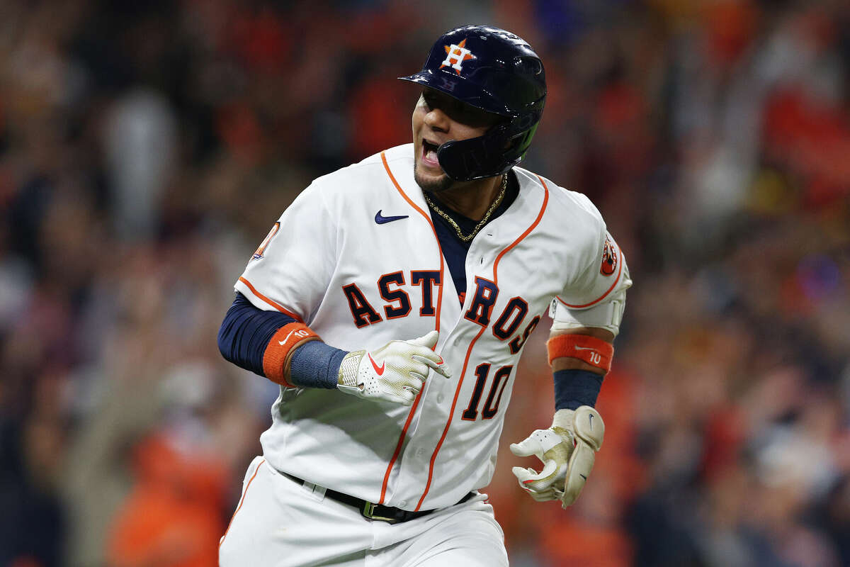 Yuli Gurriel #10 of the Houston Astros celebrates a home run during the sixth inning against the New York Yankees in game one of the American League Championship Series at Minute Maid Park on October 19, 2022 in Houston.