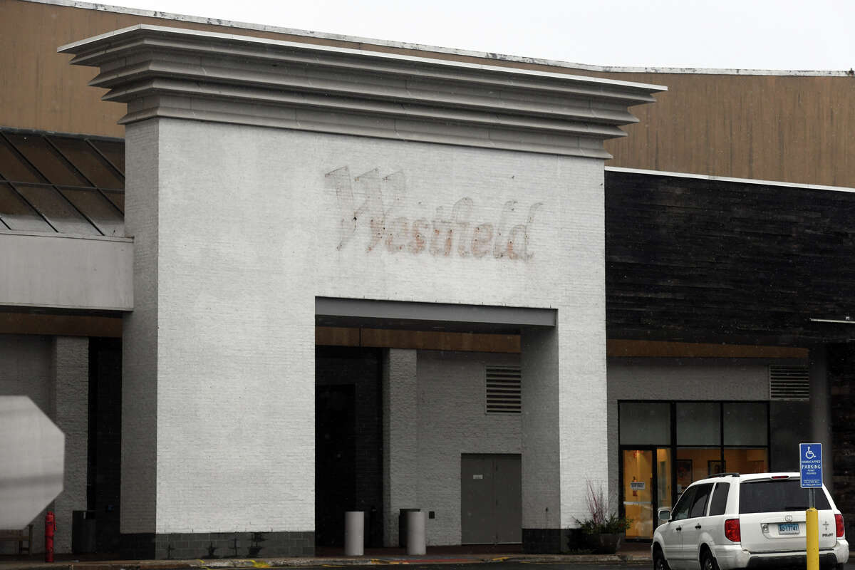 The Westfield name has been removed from signs and entrances at the shopping mall in Trumbull, Conn. Jan. 23, 2023.