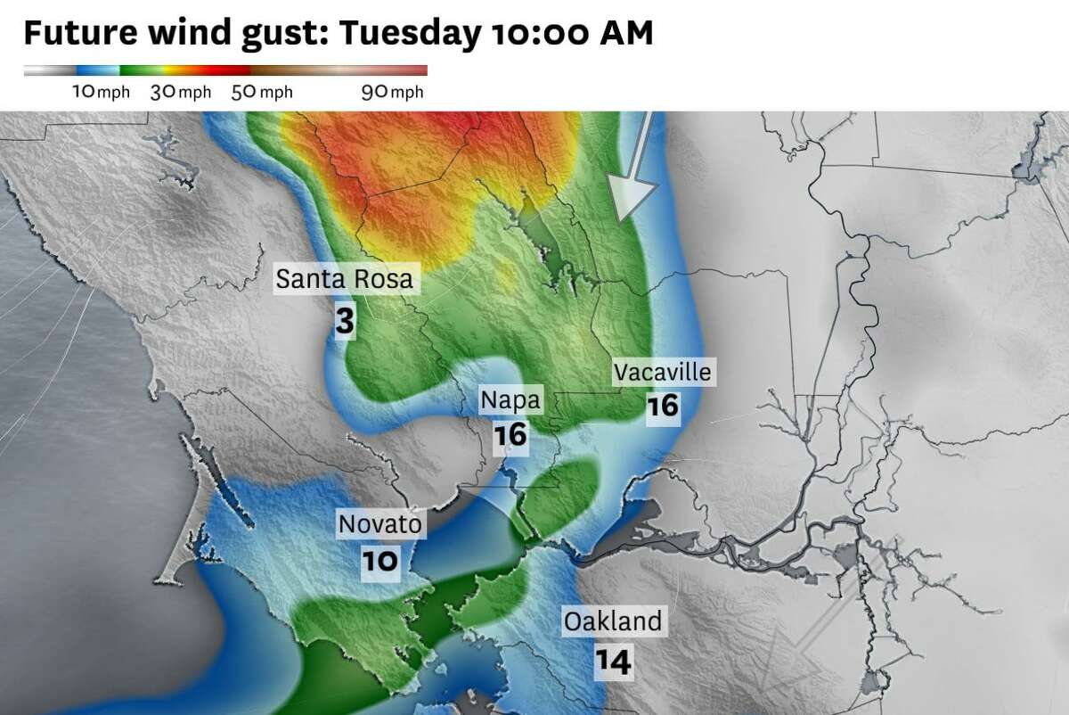 北美天气模型对周二海湾地区阵风的渲染，北湾高地可能有35到45英里/小时的阵风，包括索诺玛县和纳帕县山脉。登录必赢亚洲