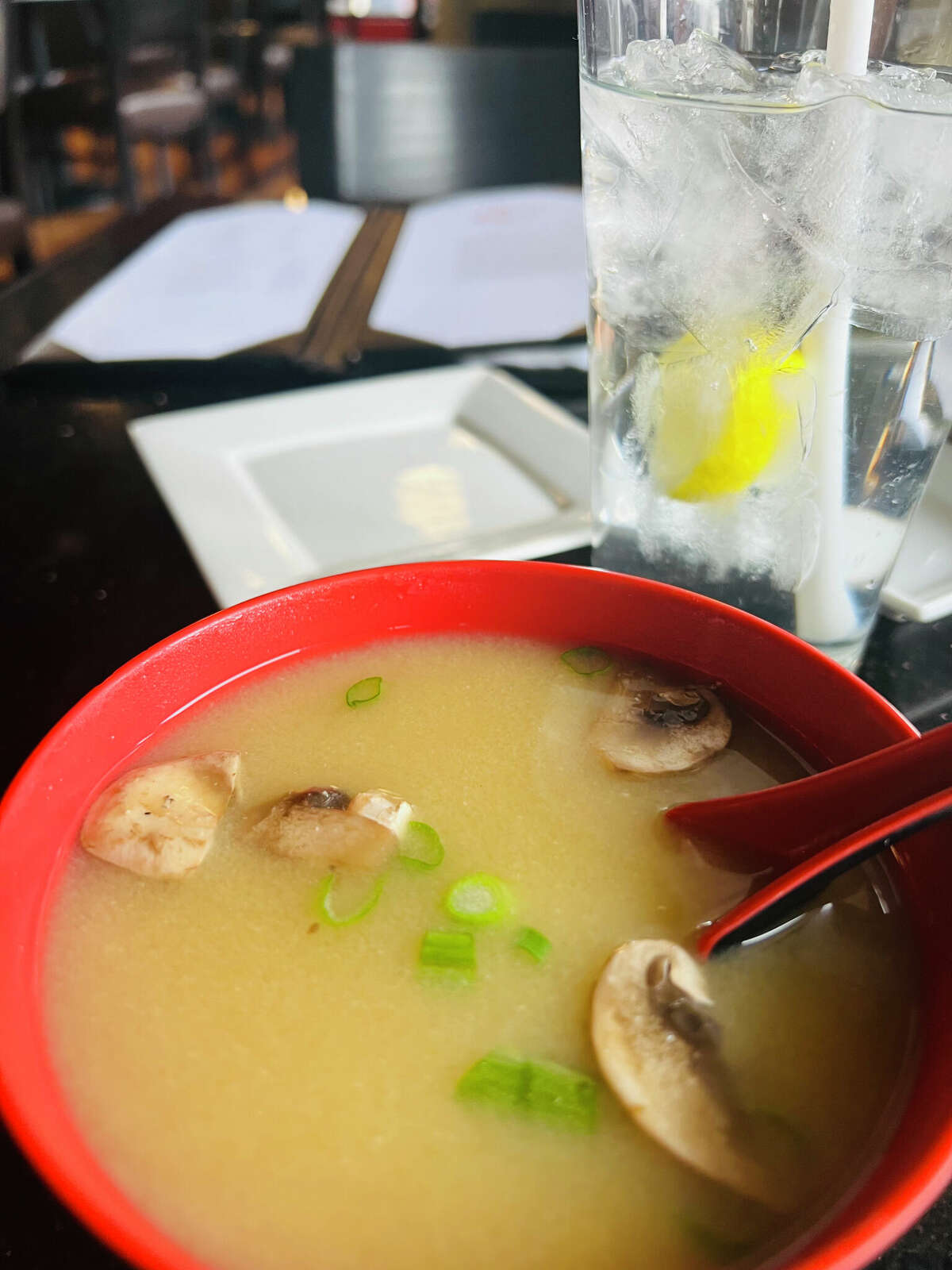 Wasabi’s miso soup, which is a traditional Japanese brothy soup with a toasty savory flavor and salty sweet richness that contains cubes of tofu, mushrooms and bits of green onions.