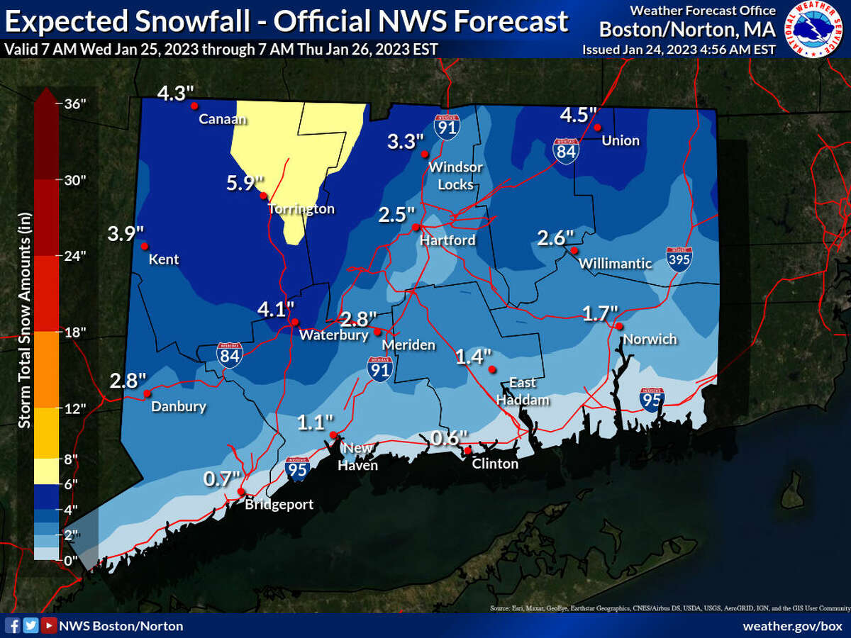 Expected snowfall totals from a winter storm that will impact Connecticut on Wednesday.