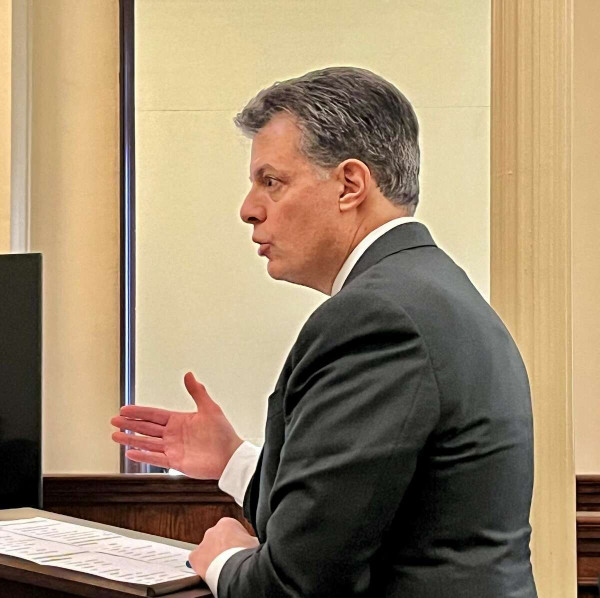 Rensselaer County Executive Steve McLaughlin's attorney Thomas Capezza delivers an opening argument Tuesday at McLaughlin's trial in county court.