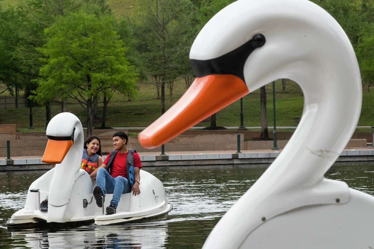 Alexia Gonzalez, left, and Jaime Robledo take a ride in one of the swan paddleboats at Riva Row Park on a cool day along The Woodlands Waterway in The Woodlands. 