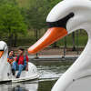 Alexia Gonzalez, left, and Jaime Robledo take a ride in one of the swan paddleboats at Riva Row Park on a cool day, with temperatures ranging in the mid to low 70s, along The Woodlands Waterway Thursday, April 15, 2021 in The Woodlands. Overcast skies covered the Houston area Thursday, with the forecast of rain showers throughout Friday.