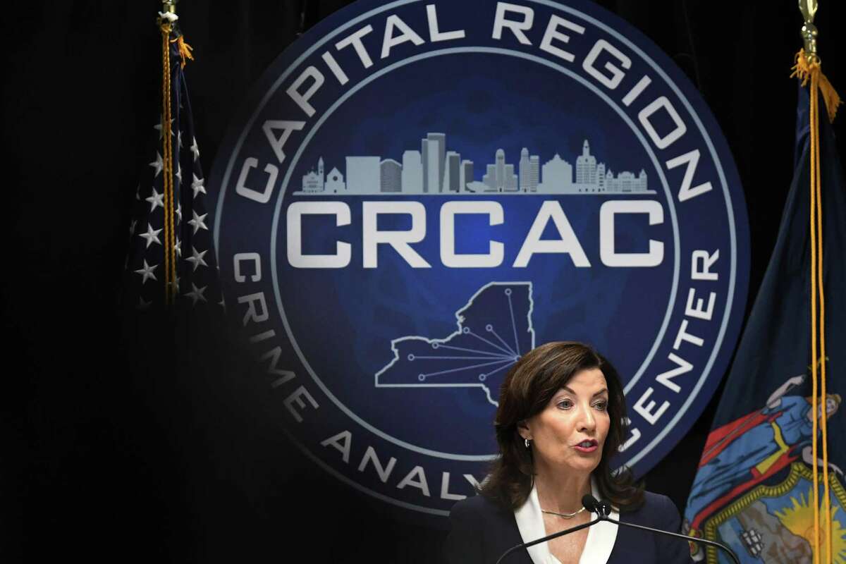 Gov. Kathy Hochul conducts a press conference highlighting state public safety proposals outlined in her State of the address on Tuesday, Jan. 24, 2023, after touring the Capital Region Crime Analysis Center at Albany Police Headquarters on Henry Johnson Boulevard in Albany, N.Y.