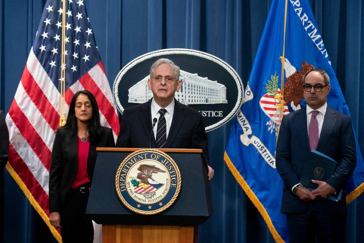 US Attorney General Merrick Garland speaks during a news conference at the Justice Department building in Washington, DC, on January 24, 2023 in filing civil suit against Google. 