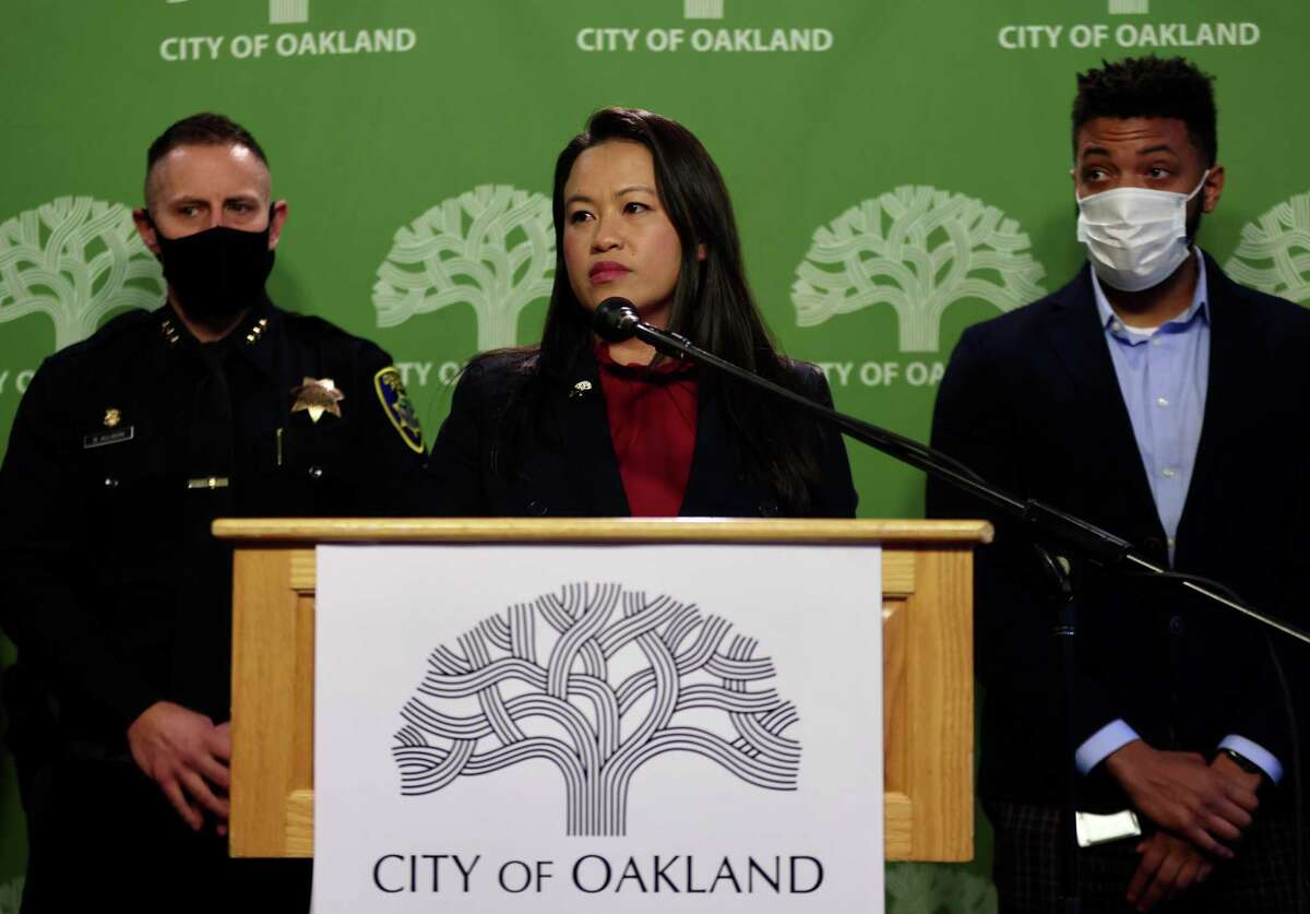 Oakland Mayor Sheng Thao leads a news conference at Oakland City Hall about Monday’s mass shooting at a Valero gas station. The gunfire, which occurred in the 5900 block of MacArthur Blvd., killed one person and injured four others.