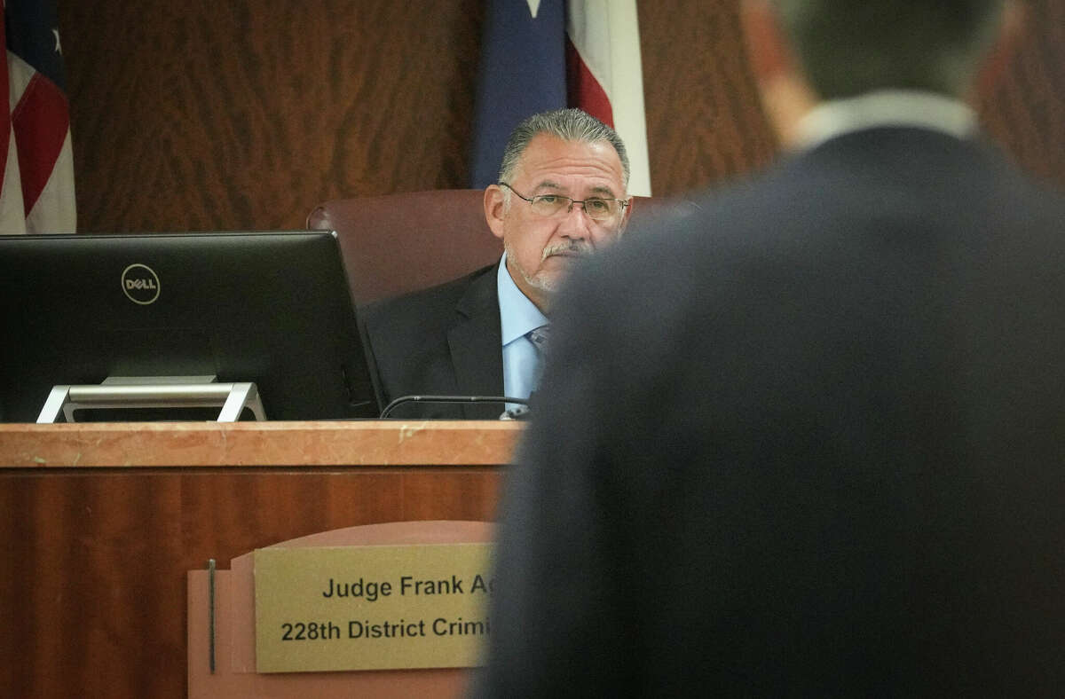 Judge Frank Aguilar listens during a hearing in the 228th District Criminal Court on Tuesday, Jan. 24, 2023, at the Harris County Criminal Courthouse in Houston.