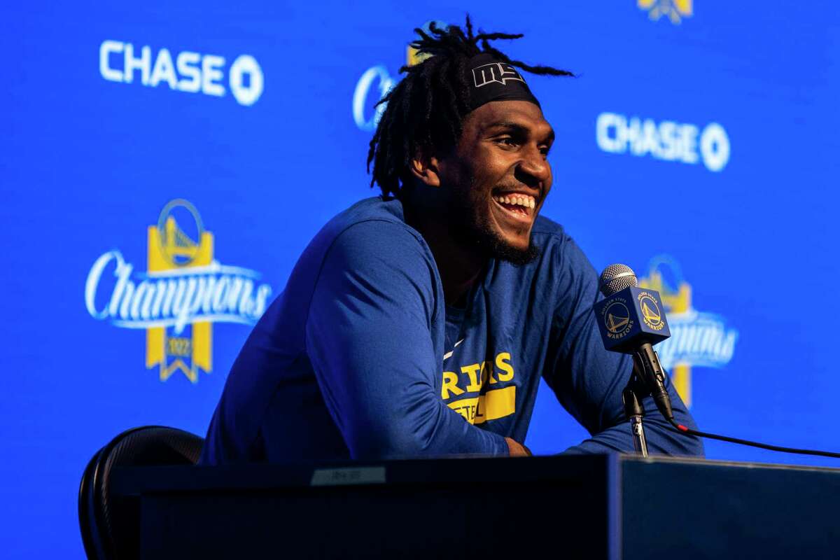 Golden State Warriors’ Kevon Looney speaks to members of the media after practice at Chase Center in San Francisco, Calif. Thursday, Oct. 13, 2022.