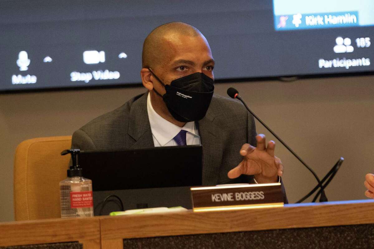 San Francisco Board of Education member Kevine Boggess is seen speaking during a school board meeting in San Francisco on Tuesday March 22, 2022. This is also the first meeting in 2 years that the public was allowed to attend.