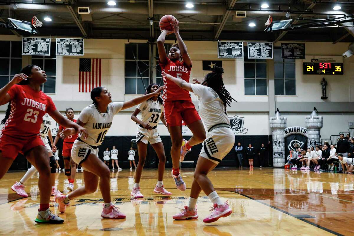 Judson’s Kayla King (5) goes up for a shot over the Steele Knights during the fourth quarter at Steele High School in Cibolo, Texas, Tuesday, Jan. 24, 2023. The Rockets defeated the Knights, 41-31.