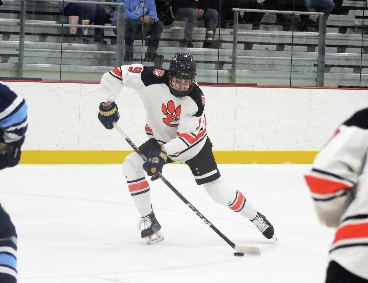 Edwardsville freshman Andrew Mohesky attempts to shoot against St. Dominic. Mohesky scored two goals during the Tigers' 5-0 win over on Tuesday inside the RP Lumber Center. 