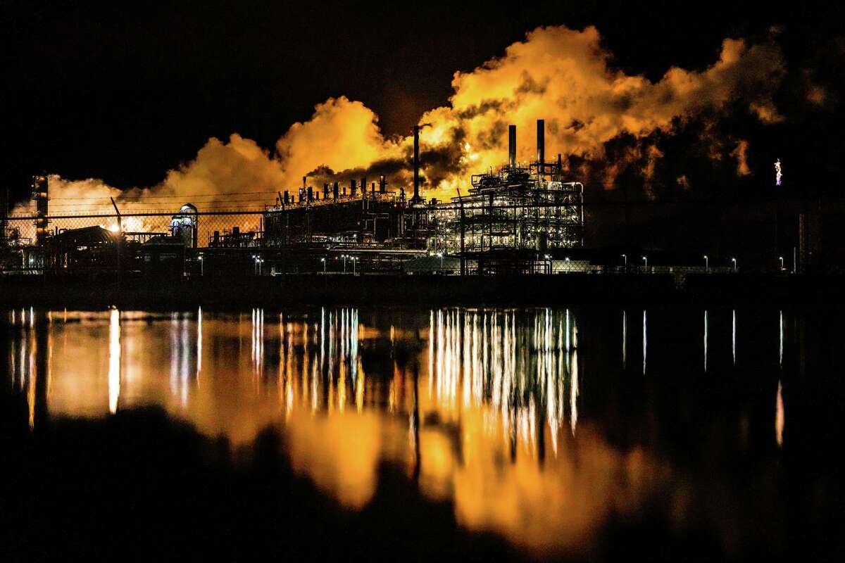 Smoke rises from petrochemical facilities after a tornado tore through areas east of Houston on Tuesday, Jan. 24, 2023.