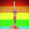 A crucifix held in front of the gay pride flag.
