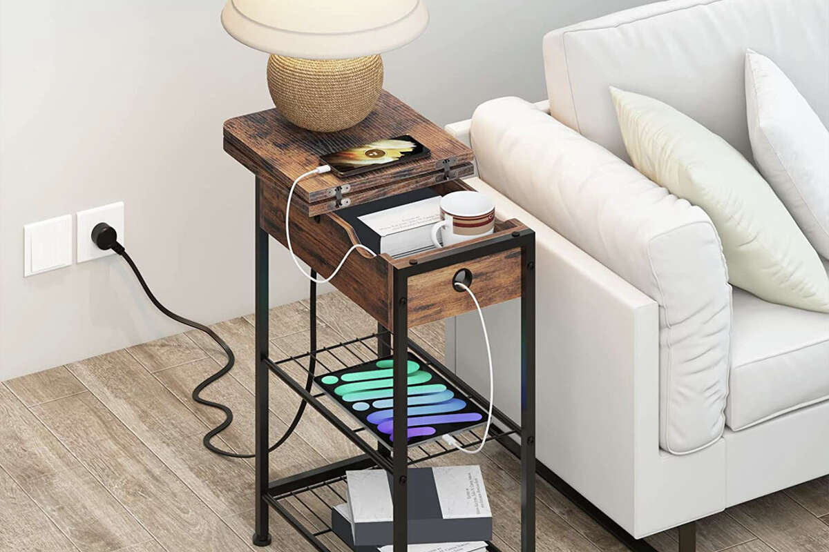 Covert charging is made simple with this end table with charging station.