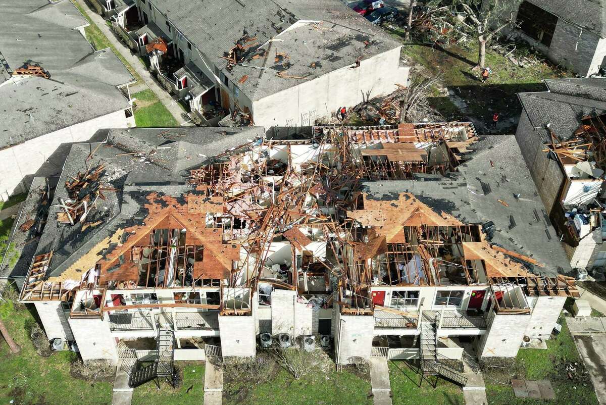 The damages are shown at Beamer Place Apartments hit by a tornado Wednesday, Jan. 25, 2023,Beamer Place Apartments in Houston.