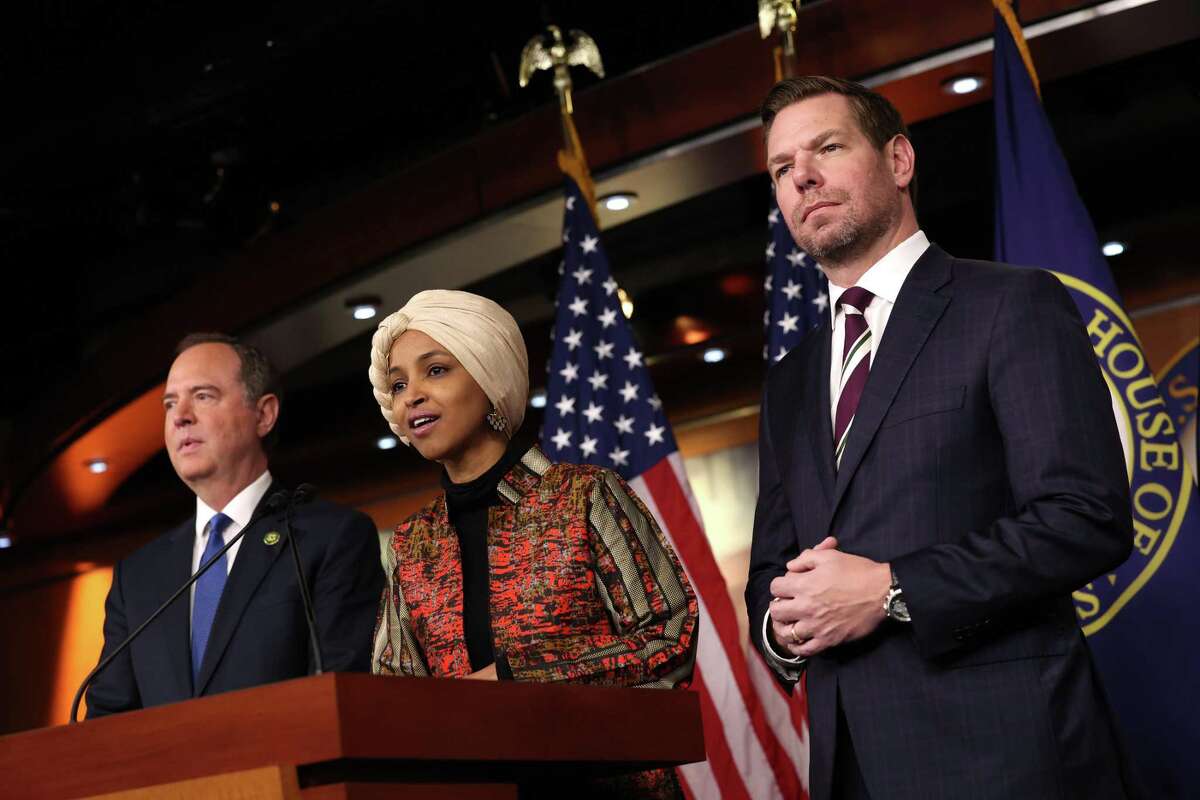 Reps. Adam Schiff, D-CA, Ilhan Omar, D-Minnesota, and Eric Swalwell, D-CA, (D-CA), speak at a press conference on committee assignments for the 118th U.S. Congress, at the U.S. Capitol Building on Jan. 25, 2023.