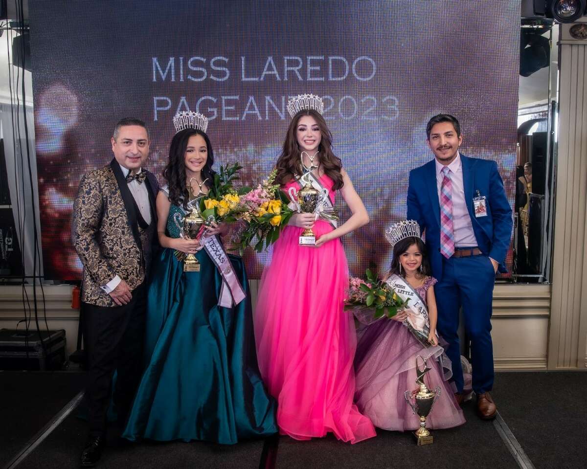 Miss Jr Laredo Ivanna Rosell, Miss Pre-Teen Laredo Madalen Laurel and  and Miss Little Laredo Arianna Quintanilla pose for a photo with pageant directors Roel & Saul Gonzalez.
