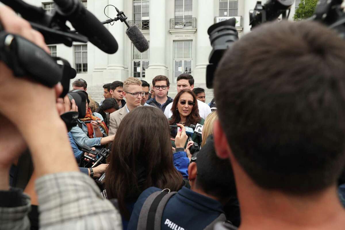Harmeet Dhillon, representing the Berkeley College Republicans, speaks in Sproul Plaza after the cancelation of an appearance at UC Berkeley by right-wing pundit Ann Coulter.