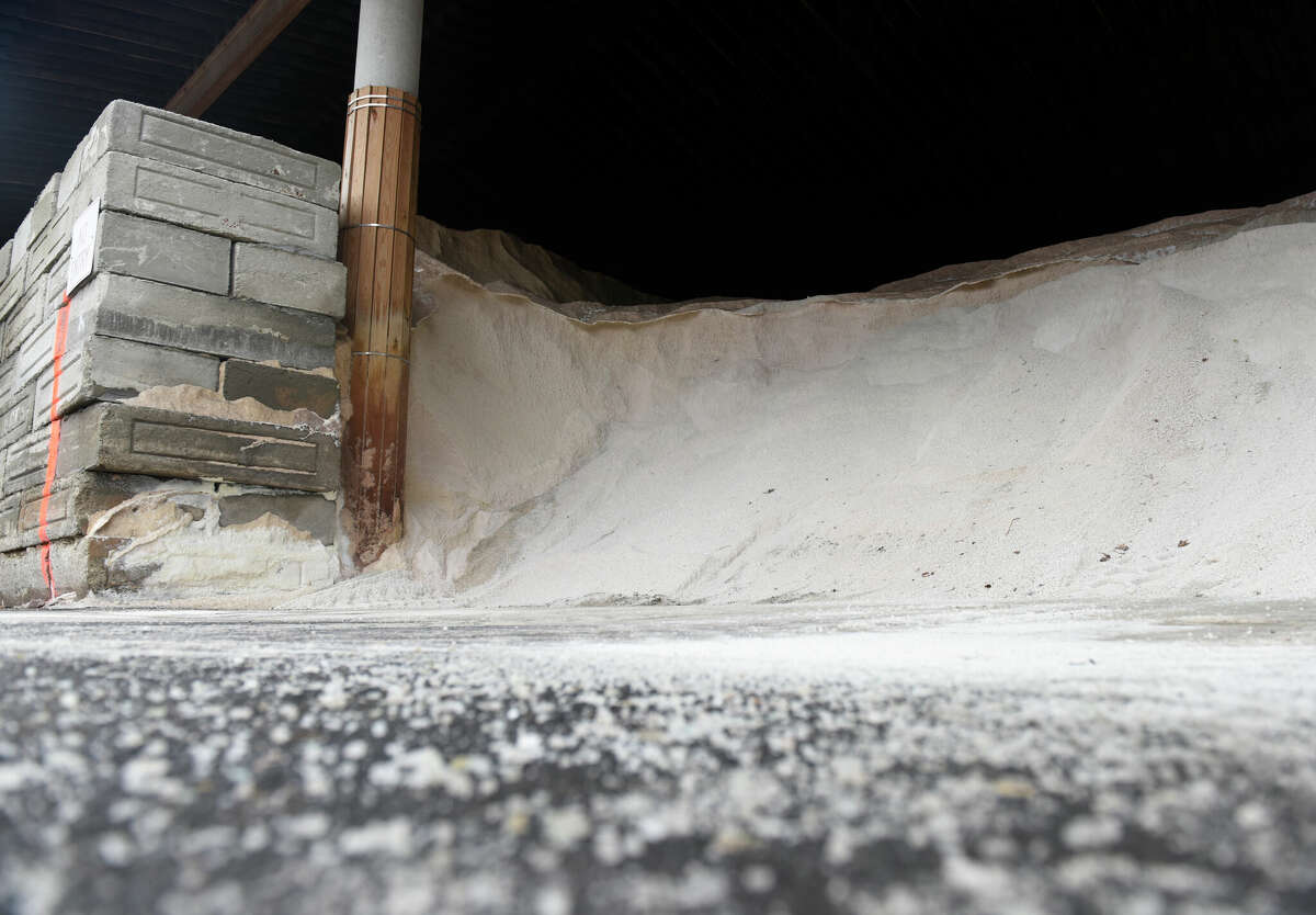 A reserve of deicing salt is ready to be implemented for future winter storms at Greenwich Public Works Highway Division in Greenwich, Conn. Thursday, Jan. 26, 2023. Greenwich hasn't had to use much of its salt due to lack of snow so far this winter.